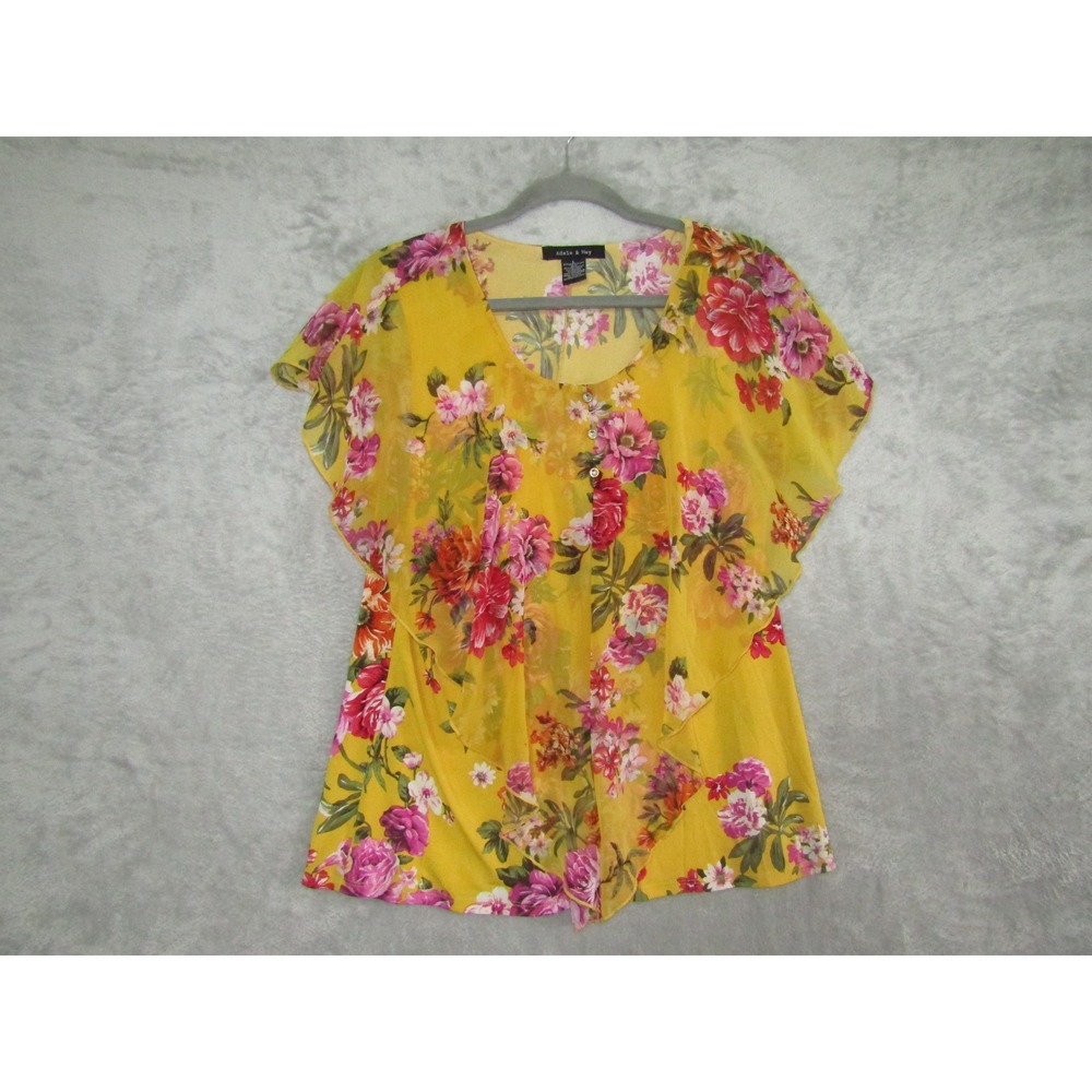 Adele & May Yellow Floral Butterfly Sleeve Chiffon Blouse Top Women's Size L